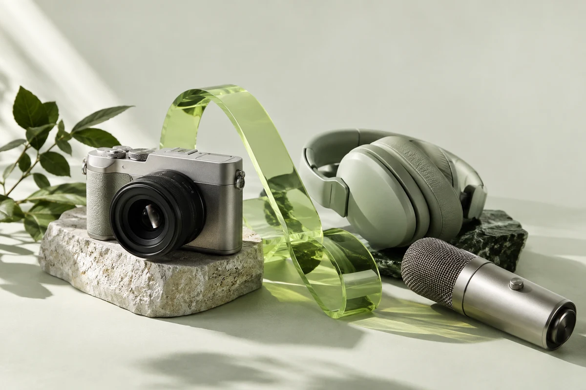 A camera, microphone and headphones with a translucent kiwi-green loop
